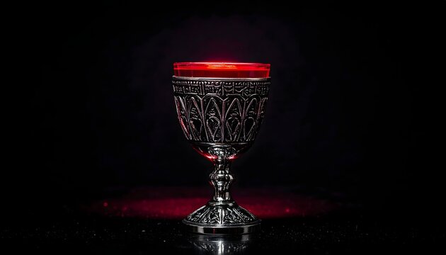 Mysterious gothic silver chalice filled with glowing red wine on a dark background