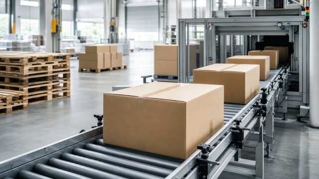 Boxes on a conveyor belt in a large warehouse during a busy day of operations