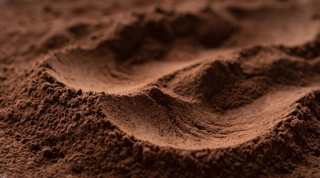 Fine cocoa powder texture background, dark brown organic cacao dust surface close up