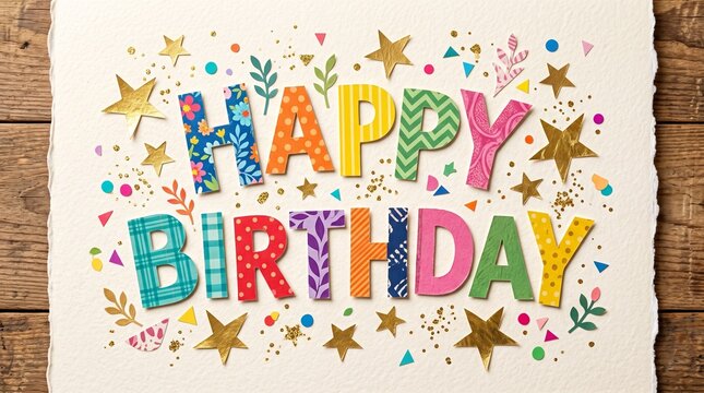 Happy Birthday greeting card with colorful patterned letters and gold stars on wood