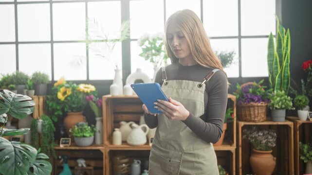 Woman florist in apron holds a blue tablet and scrolls with both hands among potted flowers and wooden crates in a bright studio; focused planning.