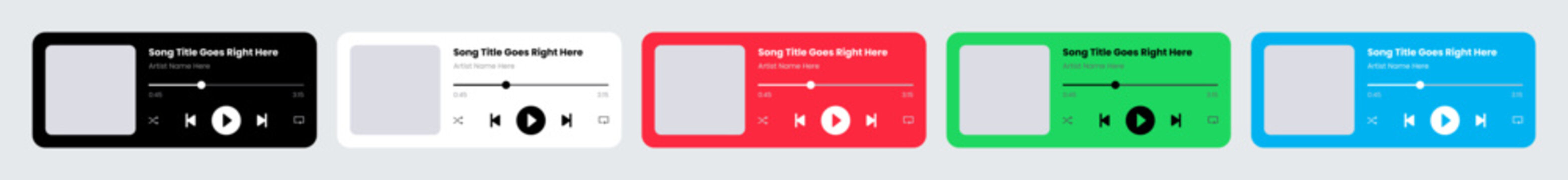 Music player card UI component in vertical and horizontal styles.