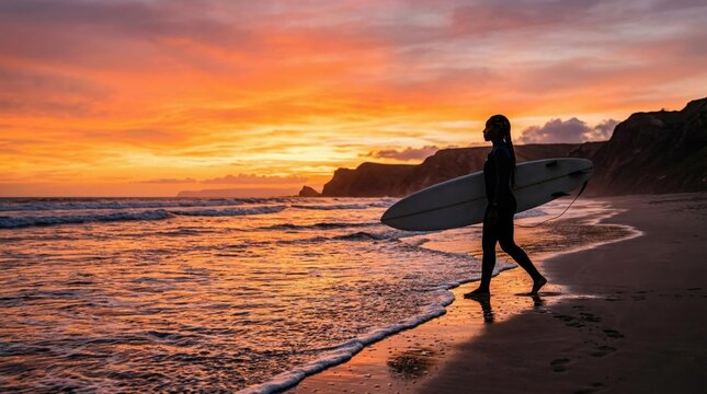 Silhouette of a woman carrying a surfboard on a beach at sunset, enjoying an active coastal lifestyle and ocean water sports during a peaceful summer evening vacation
