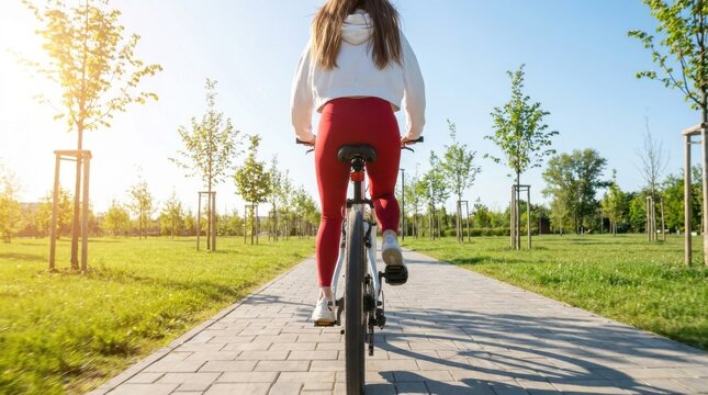 Young woman riding a bicycle on a paved path in a sunny park, representing active lifestyle, outdoor exercise, and sustainable transportation in the city.