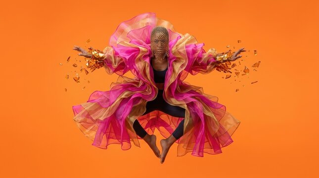 Black woman jumping in air wearing avant-garde pink and gold ruffled cloak with metallic chain headpiece, expressive fashion movement conceptualized for artistic editorial creative projects