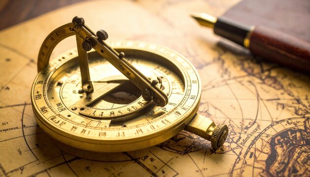 An intricately detailed vintage brass astrolabe rests on an antique map, hinting at historical navigation and exploration.