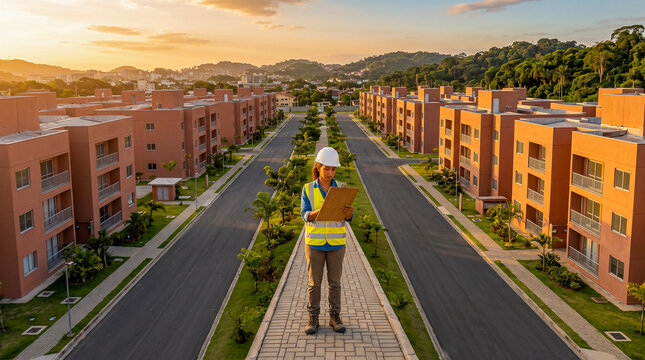 A female civil engineer wearing a safety helmet and high-visibility vest inspects a new residential building complex at sunset