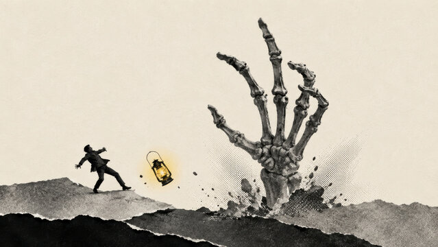 Monochrome paper collage of a giant skeleton hand bursting from the ground beside a glowing lantern as a small man recoils in shock