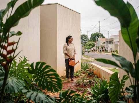 Young African American woman standing with a watering can in a modern residential front yard garden surrounded by lush plants