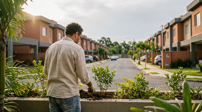 A man gardening in a raised planter box in front of a modern suburban neighborhood with townhouses under warm sunlight