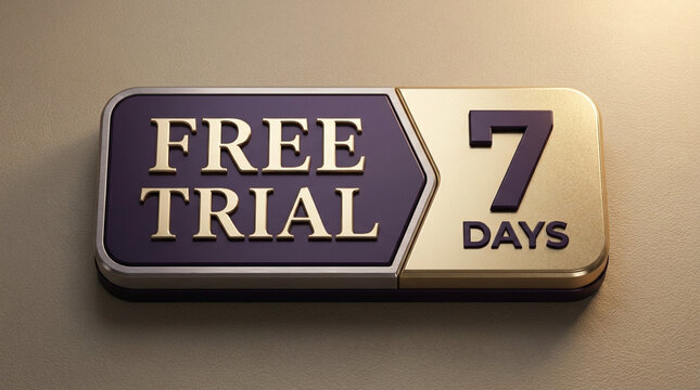 Luxury gold and purple plate showcasing free trial 7 days promotion on textured wall.