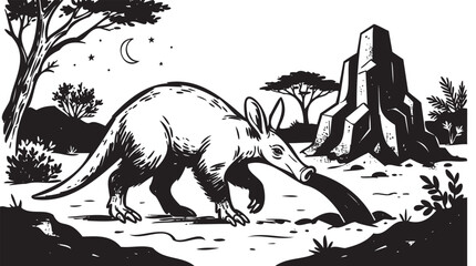 Obraz premium Vintage aardvark illustration, detailed black and white animal sketch, set of seamless pattern elements, retro hand drawn graphic, monochrome African wildlife art
