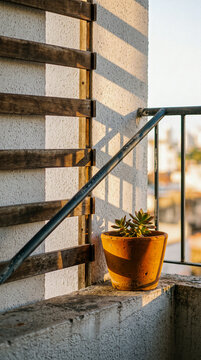 Small succulent plant in a terracotta pot resting on a sunny balcony ledge with wooden trellis shadows