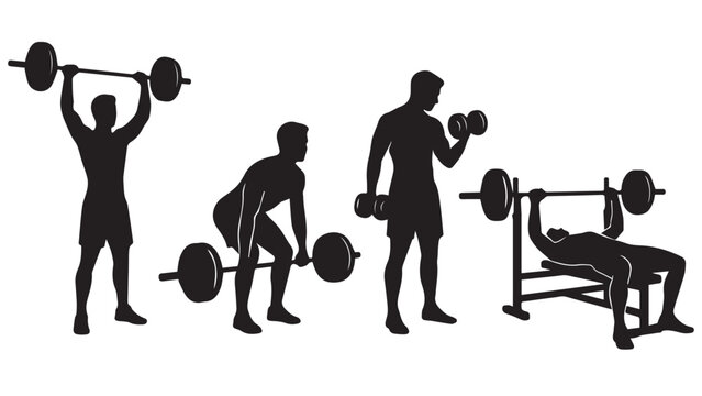 Four Men Lifting Weights in Different Strength Training Exercises, Black Silhouettes

Collection of four male fitness silhouettes performing different weightlifting exercises with barbells and dumbbel