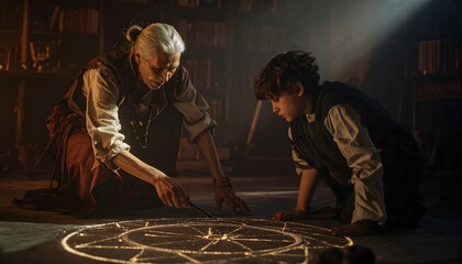 Fototapeta premium A wise elder imparts ancient knowledge to a young apprentice, meticulously tracing glowing arcane symbols on a stone floor during a mystical ritual in a dimly lit, enchanted study