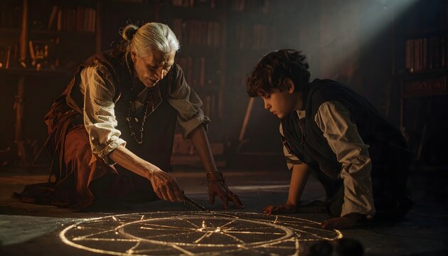 A wise elder imparts ancient knowledge to a young apprentice, meticulously tracing glowing arcane symbols on a stone floor during a mystical ritual in a dimly lit, enchanted study