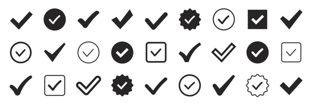Check mark icon set in flat and line style. Vector