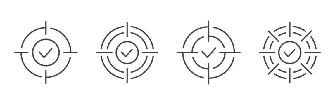 Target with check mark simple line icons set. vector, editable stroke