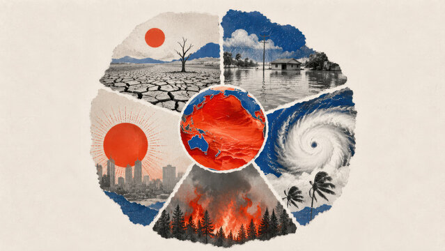 Paper collage illustrating El Nino and climate change as warm water spreads across the Pacific Ocean, driving extreme weather worldwide