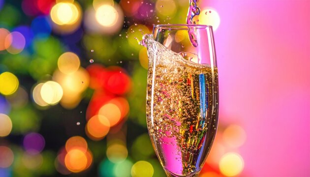Golden champagne effervescing in a crystal glass with a vibrant bokeh background during a festive celebration