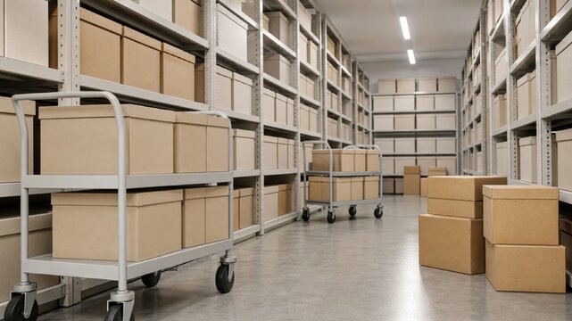 Storage area with shelves and boxes in a warehouse setting during the day