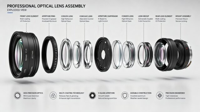 Exploded 3D Component View of Multi Element Glass Camera Lens Assembly