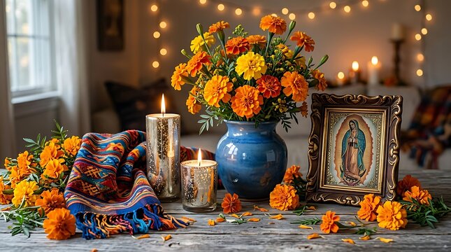 Vibrant Hispanic heritage altar with marigolds candles ,Hispanic Heritage Celebration Month, Latino Ctivalultural Festival, Cinco de Mayo, D&iacute;a de los Muertos, Carnaval, Inti Raymi