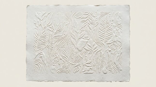 Embossed botanical paper art with intricate fern and leaf textures on a textured white background