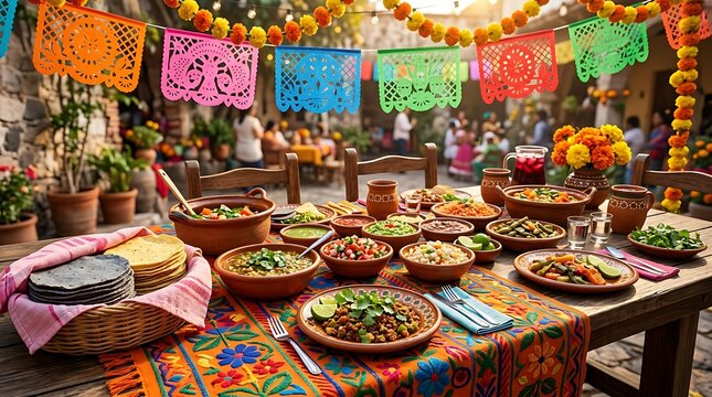 Vibrant Mexican fiesta table setting with traditional food and decorations ,Hispanic Heritage Celebration Month, Latino Ctivalultural Festival, Cinco de Mayo, D&iacute;a de los Muertos, Carnaval, Inti Raymi