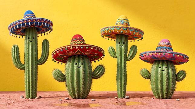 colorful cacti wearing sombreros on desert ,Hispanic Heritage Celebration Month, Latino Ctivalultural Festival, Cinco de Mayo, D&iacute;a de los Muertos, Carnaval, Inti Raymi