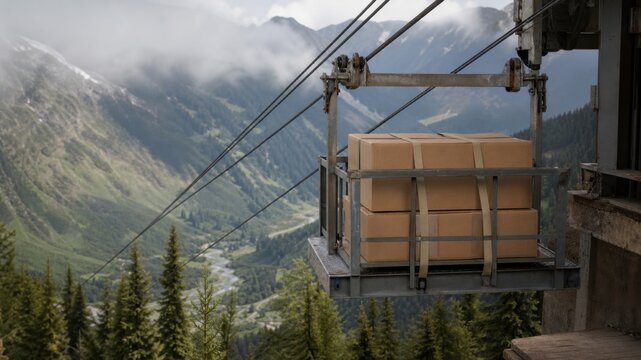Cargo being transported on a lift over green mountains with cloudy sky during the day