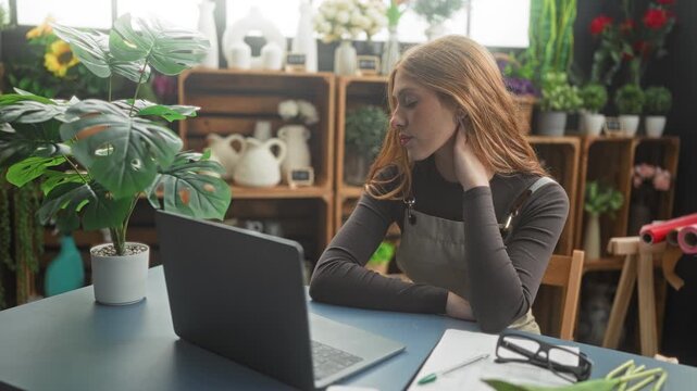 Woman florist redhead in apron touching neck beside laptop and potted monstera among wooden shelves of vases and flowers in studio; tired.