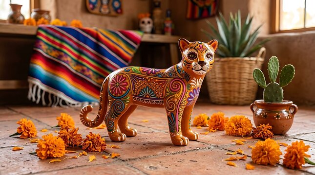 Vibrant Mexican Folk Art Jaguar Figurine Celebration ,Hispanic Heritage Celebration Month, Latino Ctivalultural Festival, Cinco de Mayo, D&iacute;a de los Muertos, Carnaval, Inti Raymi