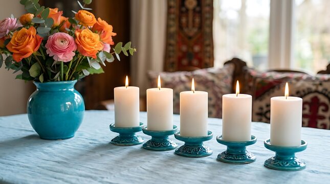 Cozy home decor with candles and flowers ,Hispanic Heritage Celebration Month, Latino Ctivalultural Festival, Cinco de Mayo, D&iacute;a de los Muertos, Carnaval, Inti Raymi