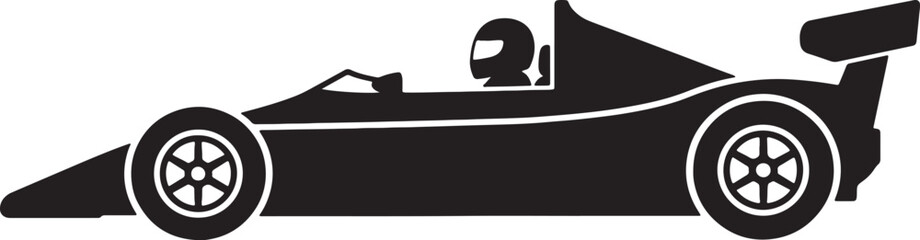 Fototapeta premium Black and white silhouette of a formula one race car, side view of an open-wheel single-seater vehicle with a driver wearing a helmet and a rear spoiler also transparent background
