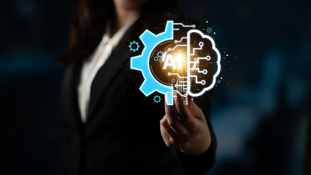 Concept of Artificial Intelligence combining industrial automation with cognitive technology. A machine learning brain processes information to optimize mechanical systems and workflows. Fermion