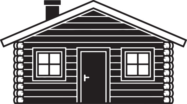 Black and white of a rustic log cabin with horizontal wood siding, a chimney, two square windows, and a central door on a transparent background, also transparent background