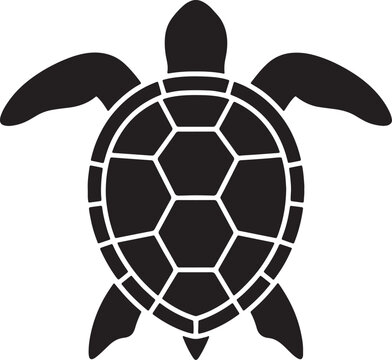 Minimalist black and white sea turtle silhouette, top-down view of a swimming marine reptile with a geometric hexagonal shell pattern on a plain background, also transparent background