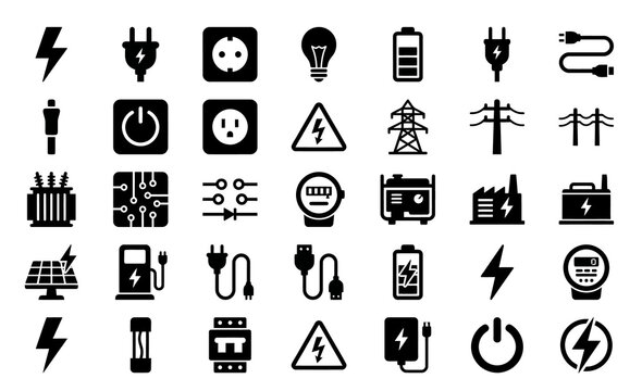 Electricity and power energy icons set featuring plugs and sockets