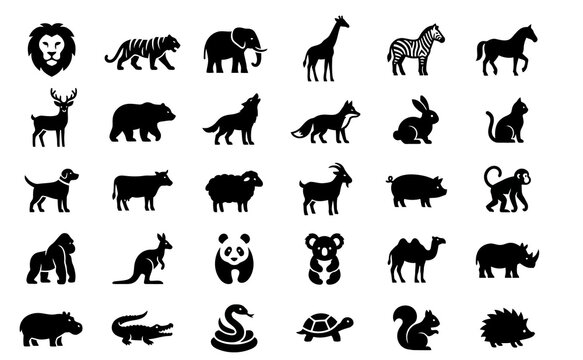Set of wild and farm animal silhouette vector icons on white background