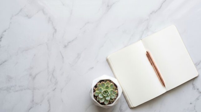 Open notebook with rose gold pen and succulent plant on a white marble desk, Teachers Day greeting card preparation, workspace for academic planning and creative writing tasks