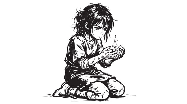 Hand drawn homeless boy, begging sketch, charcoal drawing style, sad child illustration