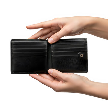 Hands holding an empty black leather wallet on white background