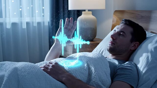 Man uses voice command in smart bedroom with sound wave display. Voice control activates smart home technology. Man speaks command showing digital sound wave. Smart home responds to voice control.