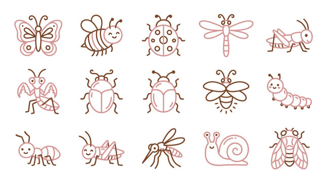 A charming collection of 15 stylized line art illustrations of various insects and a snail, presented in a grid format with a warm, earthy color palette.