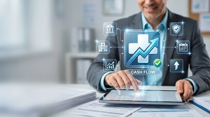 Fototapeta premium Hospital Financial Manager Using AI Predictive Analytics Tool on Tablet for Healthcare Cash Flow Management