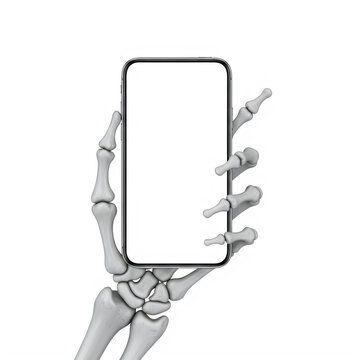 Skeleton hand holding a modern smartphone isolated on white