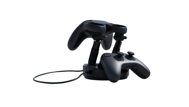 Modern virtual reality controllers and gamepad docking station for charging electronic gaming equipment with motion controllers wireless clean white background charging dock holding