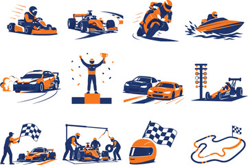 Naklejka premium Racing sport vector icons set with formula one motorcycles and speedboats isolated on transparent background