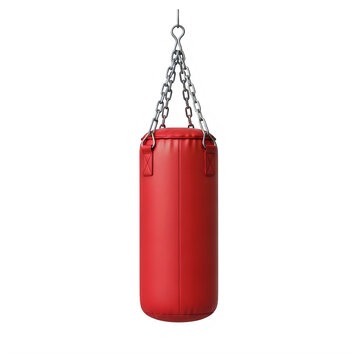 Red hanging punching bag with chain on hook